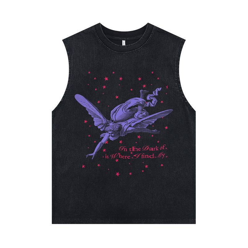 European And American High Street Retro Washed Old Rock Sweat Vest Couple Casual Direct Injection Printing Sleeveless T-Shirt Men