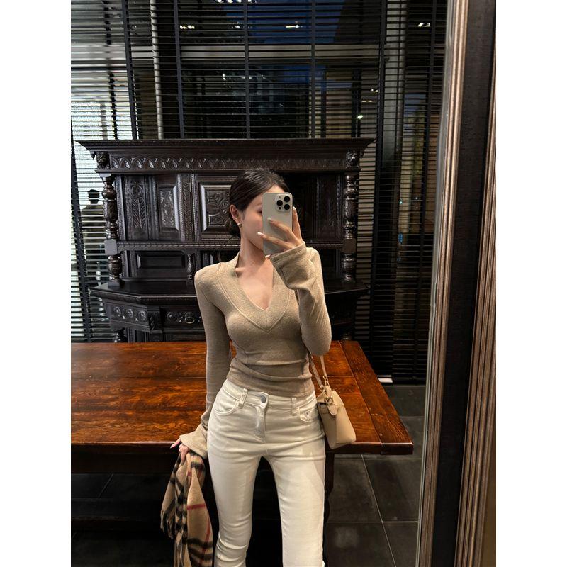 Kumikumi Pure Desire Style Silm Shoulder Long Sleeves T-shirt Women's Autumn Elegant Chic Slim Looking Bottoming Shirt Tops