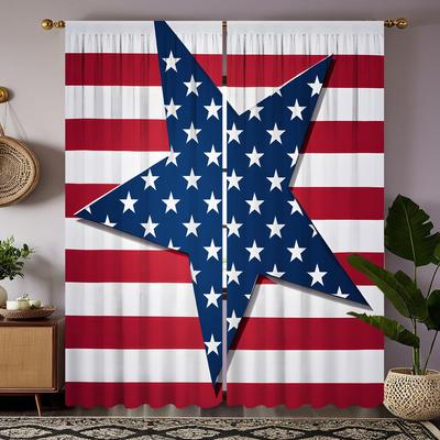 2pcs HD Independence Day Five-pointed Star Striped Flag Decorative Curtain Red Tie Digital Printed Curtain Home Decoration St