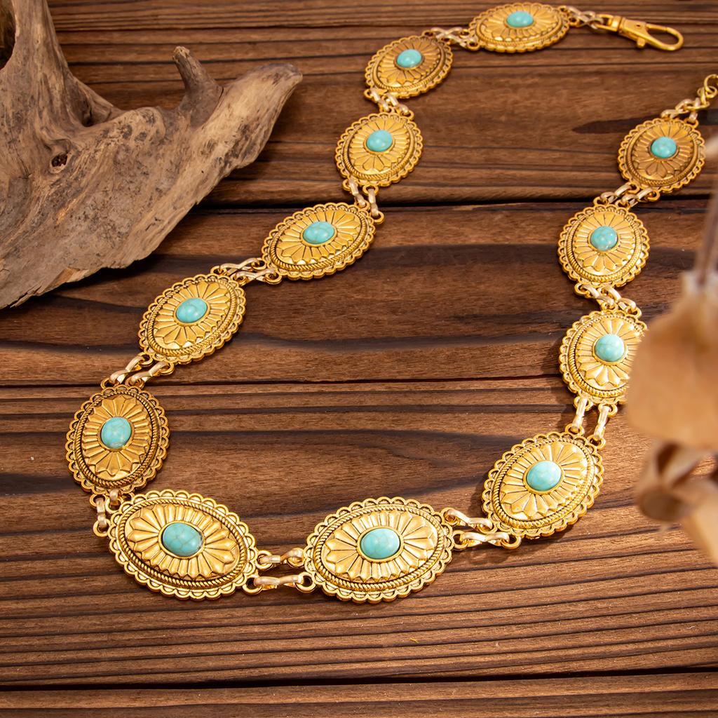 Y2K Adjustable Metal Belt Belly Chain for Women 2025 Trendy Jewelry Accessories Vintage Geometric Turquoise Body Chain