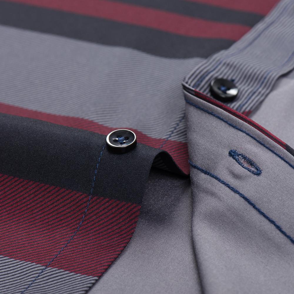 Men's Business Casual Hot Stamping Striped Print Dress Shirt, Slightly Stretch Unique Buttoned Collar Long Sleeve Pocket Shirts