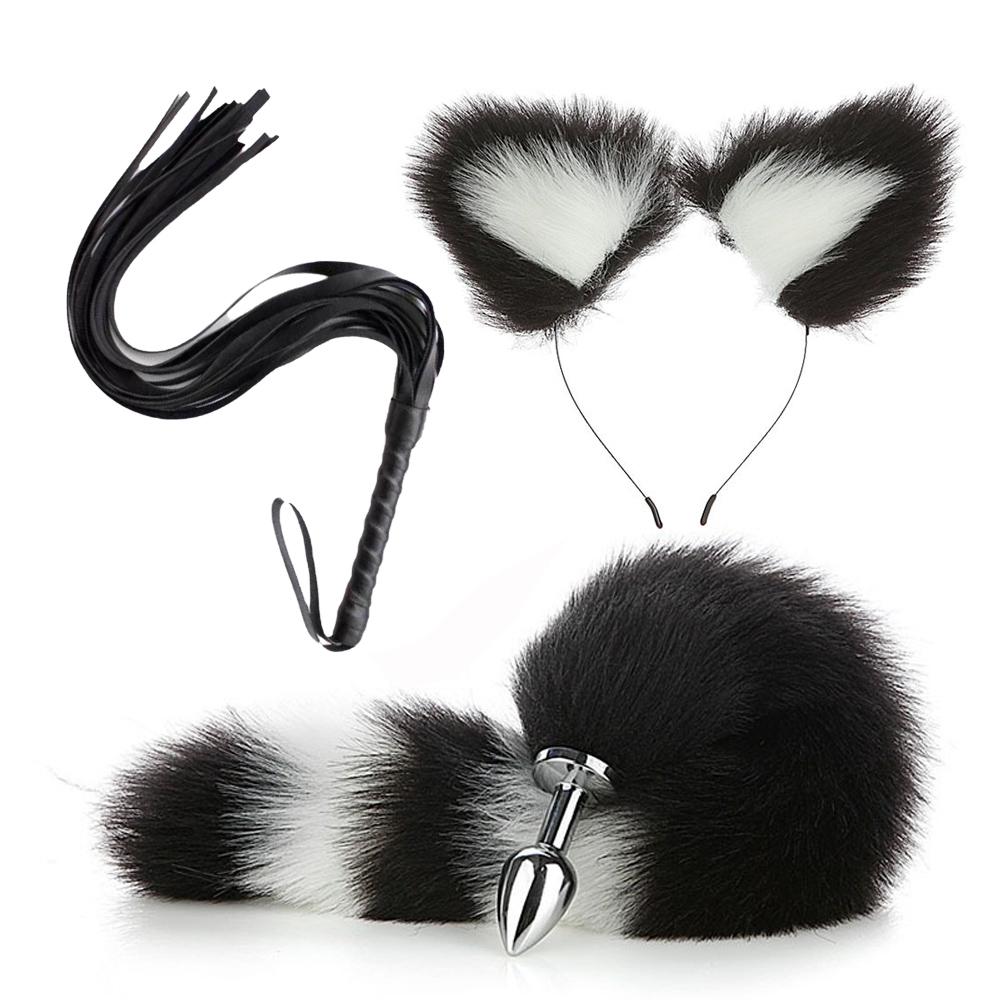 Anal Plug Tail Fox Sex Toys for Women 3Pcs Long Tail Fox Plug With Flirt Whip Plush Ears Erotic Cosplay SM Toys for Couples