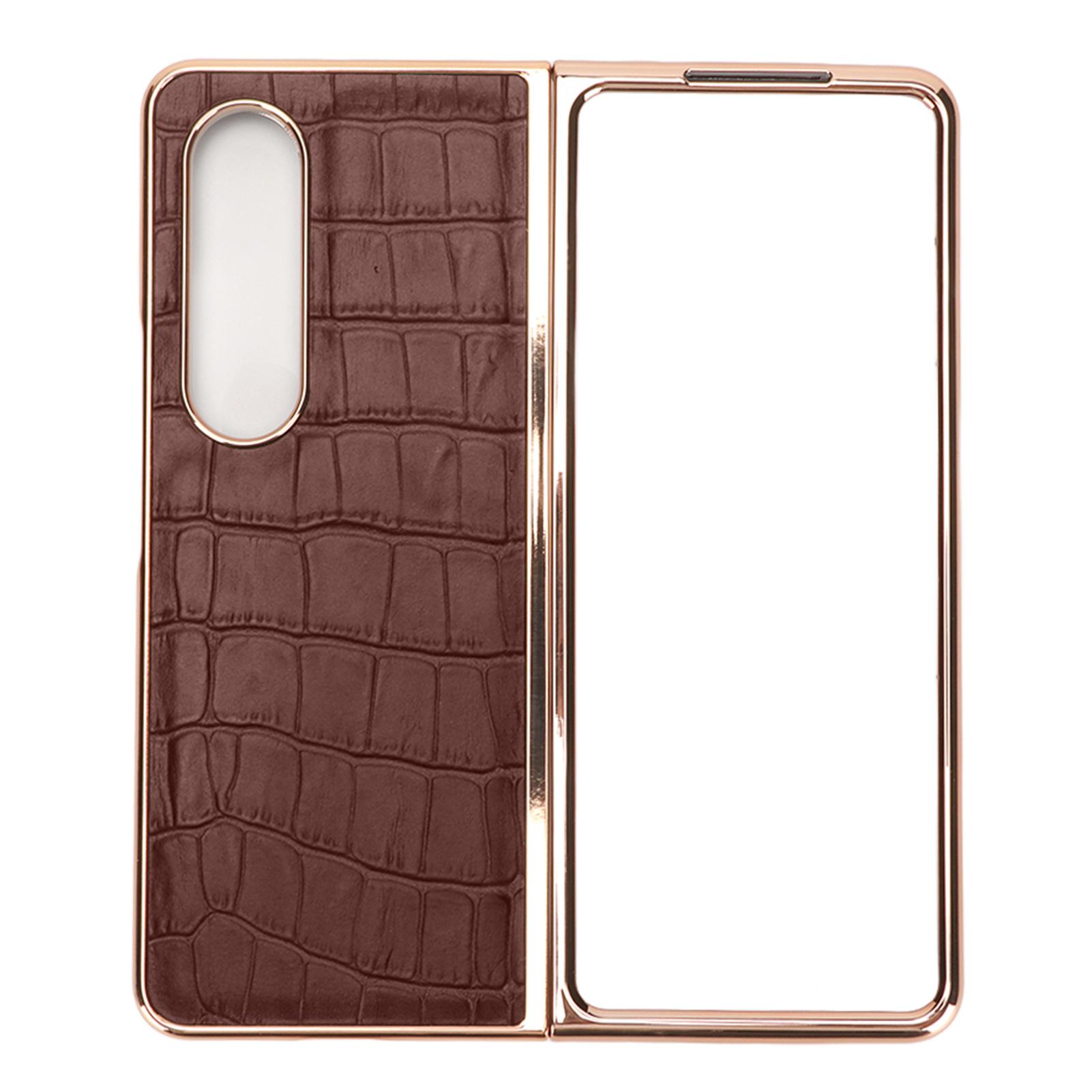 

Phone Case Protective Cover for Samsung Galaxy Z Fold 4 Nano Plating Crocodilian Pattern Real Leather Scratch Proof коричневый