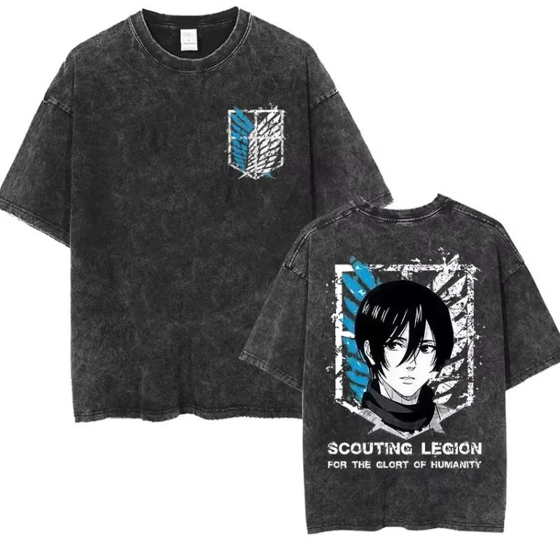 Anime Attack Titan Retro Wash Printed Women's T-shirt Mikasa Ackerman Eren Jaeger Free Wings Pattern Men's Summer T-shirt