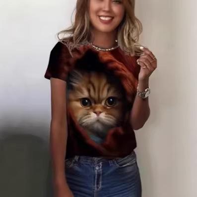 Fashion Women's T-Shirt Printed Kawaii Cat Pattern Short Sleeve Crew Neck Top Summer Outdoor Casual Street