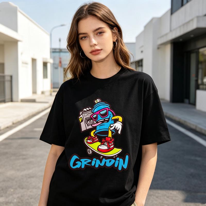 Grindin Skater Graphic T Shirt Funny Cartoon Character Print Unisex Soft Cotton Crew Neck Short Sleeve Trendy Casual Tops