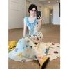 French beautiful temperament waist thin floral dress seaside vacation style print sleeveless dress women's summer wear