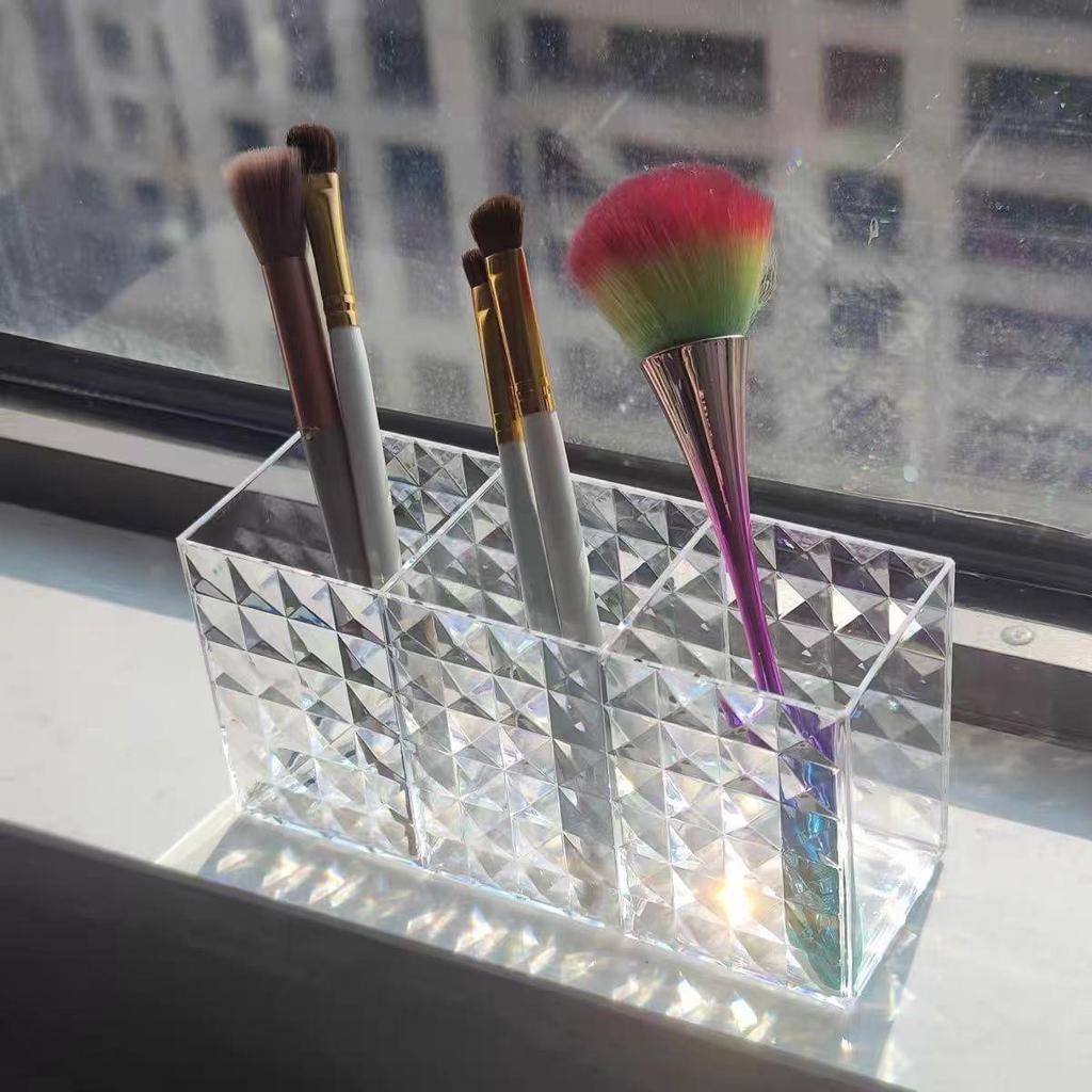 PS Material Diamond Pattern Cosmetic Storage Box with Three Compartments - Transparent Makeup Pencil Holder