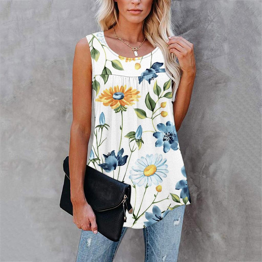 Ladies Casual Plus Size Loose Tank Top Flower Print Sleeveless Pleated T-Shirt