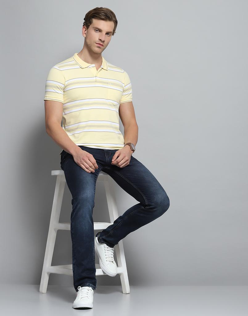 Monte Carlo Mens Striped Yellow Collar Neck Half Sleeve T-Shirt