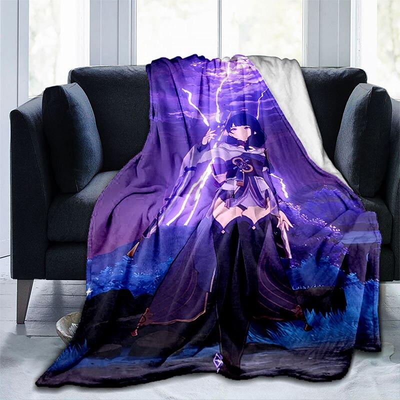 Pătură cu imprimeu Genshin Impact cu desene animate, flanel, căldură, moale, canapea extensibilă de pluș, pătură pentru aruncare, pătură de pluș, anime drăguț