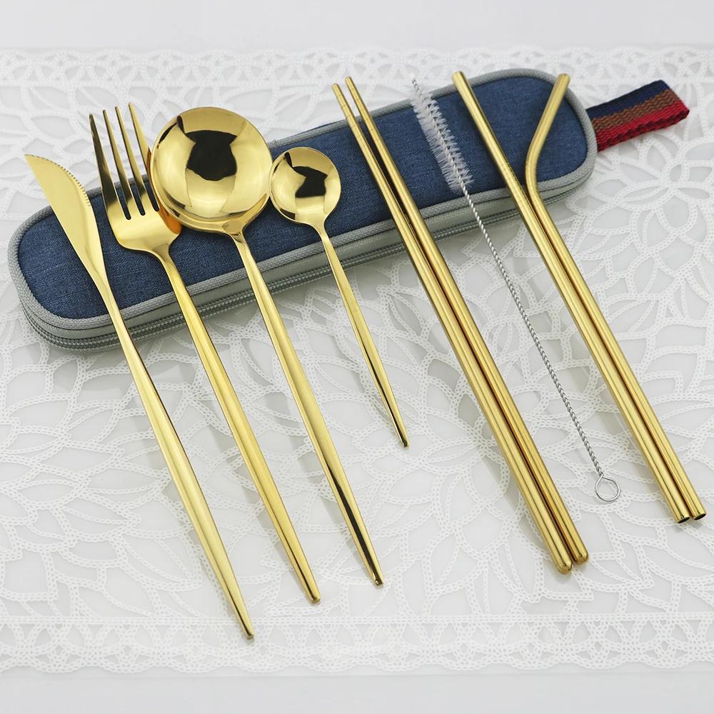 9pcs/Set Travel Cutlery Set Portable Gold Dinnerware Set Stainless Steel Tableware Set With Metal Straw Brush Chopsticks Bag