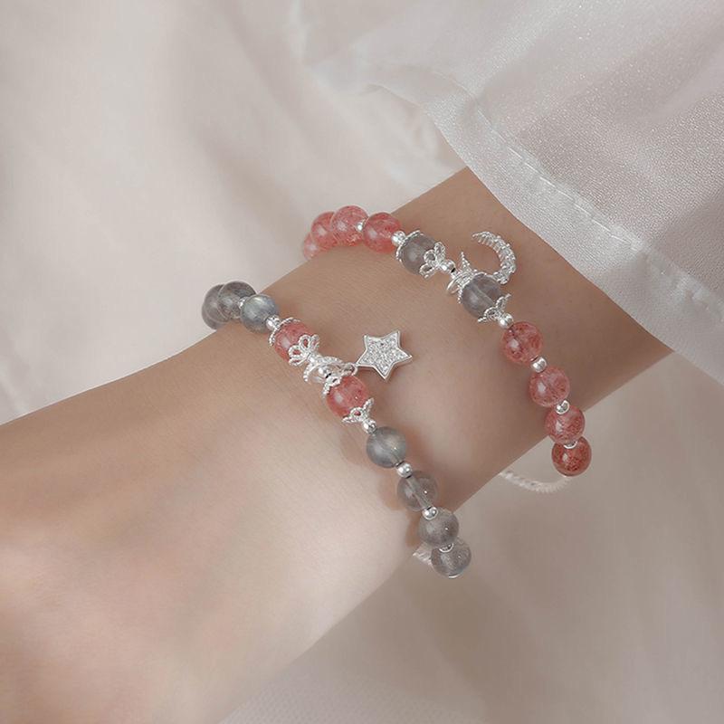 Moonstone Strawberry Crystal Bracelet Women's Sterling Silver Korean Edition Student Simple Personality Pink Bracelet Star Moon Jewelry