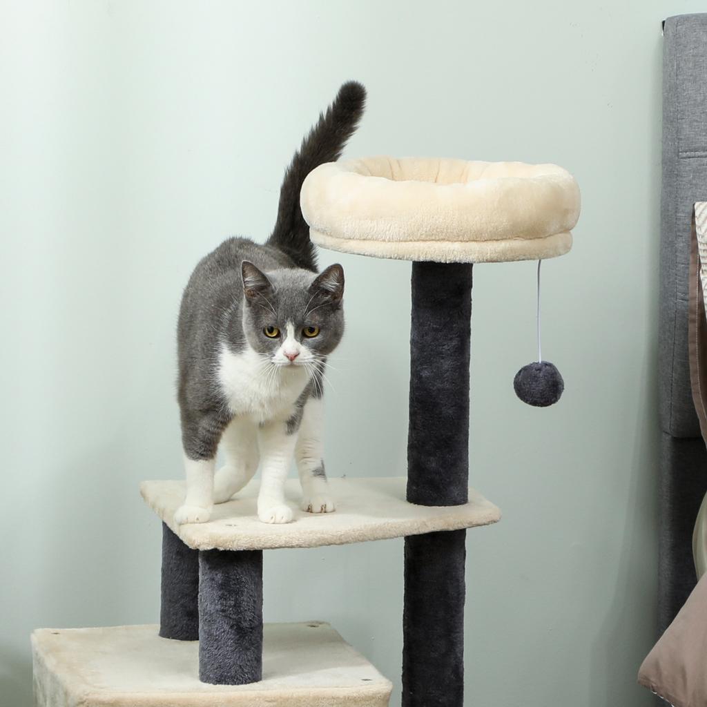 Cat Scratching Tree 92 cm Tall with House, Bed, Sisal Posts and Ball, Cream White