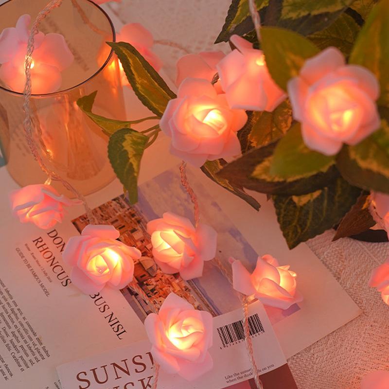 Ghirlandă luminoasă cu 20 de LED-uri, Lumini de zână pentru Ziua Îndrăgostiților, Ghirlandă cu baterii pentru nuntă, Floare romantică trandafir, 300CM