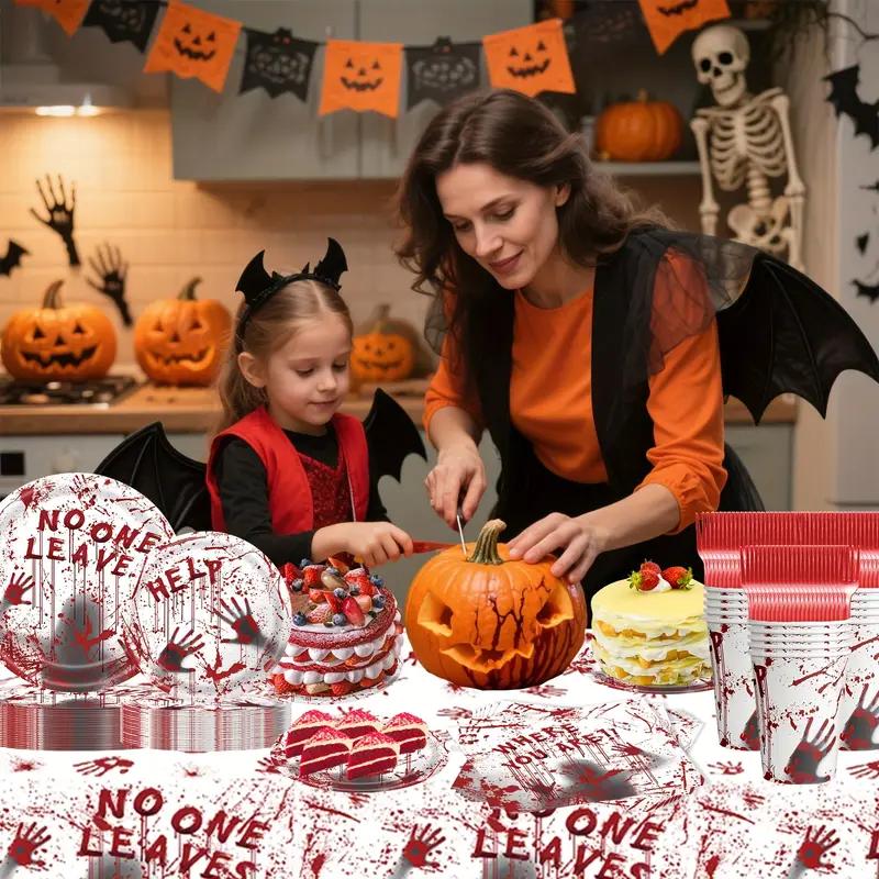 Halloween Disposable Tableware Set with Tablecloth Paper Plates Cups Napkins Spoons Forks Knives Festive Party Supplies