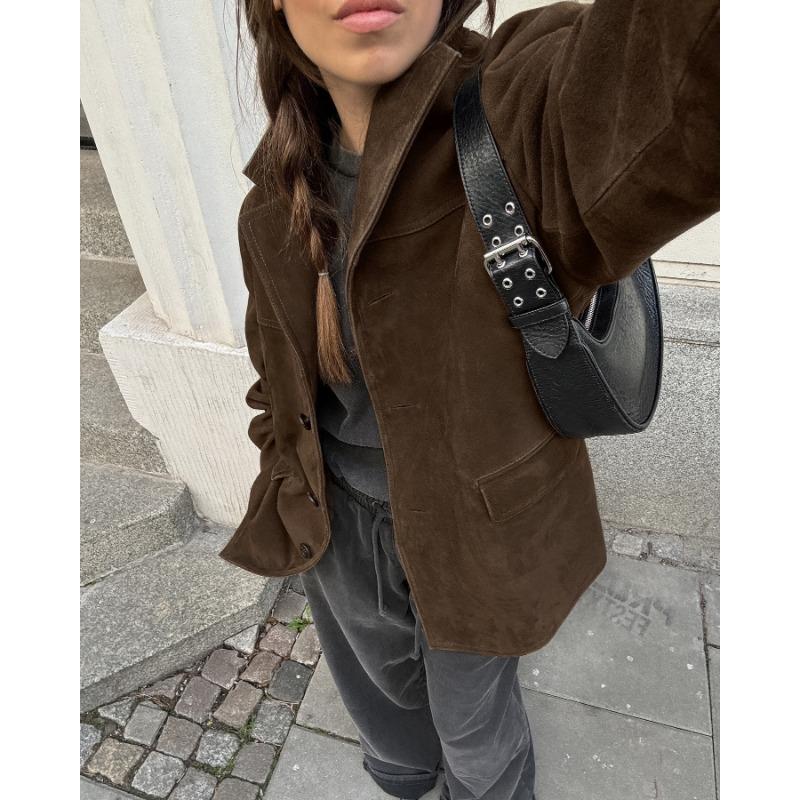 Damen Vintage Verdickt Mittellang Umlegekragen Wildleder Pendler Wintermantel Jacke