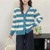 Autumn and winter v-neck striped sweater cardigan design sense casual color matching knitted jacket imitation mink soft waxy age-reducing top
