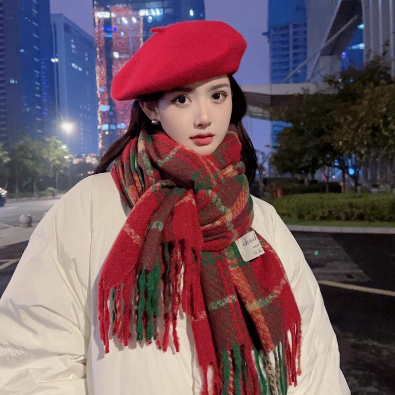 Korean Style Festive Red Plaid Scarf - Winter Warm, Versatile Tassel Neck Warmer, Perfect Women's Christmas & New Year Gift