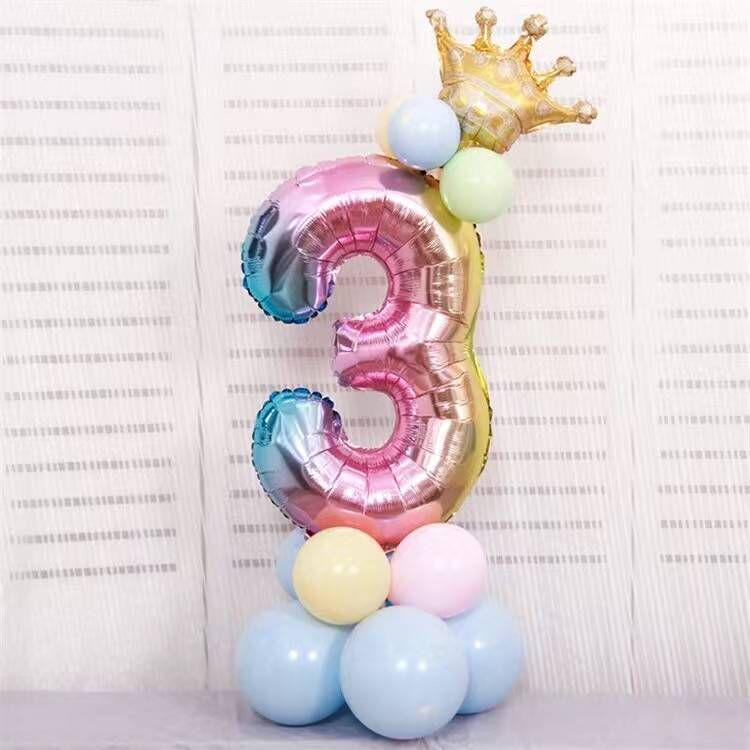 Gradient Color Crown Number Balloon Pillar, 32-40 Inch, First Birthday Party Decoration