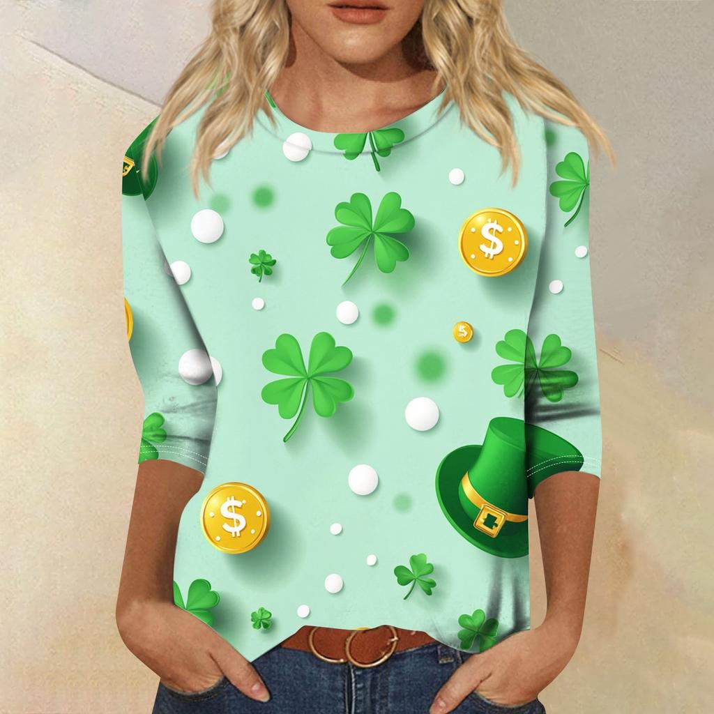 3/4 Sleeve Top Women's T-shirt Casual St. Patrick's Day Printed Top T-shirt Crew-neck Jumper