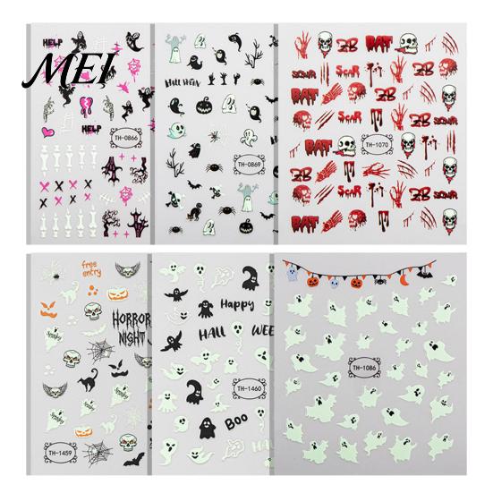 Ghost Manicure Decal 6 Sheets Halloween Glow-in-the-dark Nail Sticker, Spooky Pumpkin Skull Party Art Decor Decal, DIY Decoration Favors for