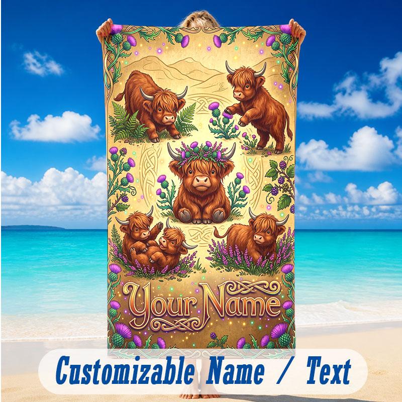 Cow Highland Theme Beach Towel Personalized Custom Name & Text Soft Quick Dry Beach Towel for Swimming Travel