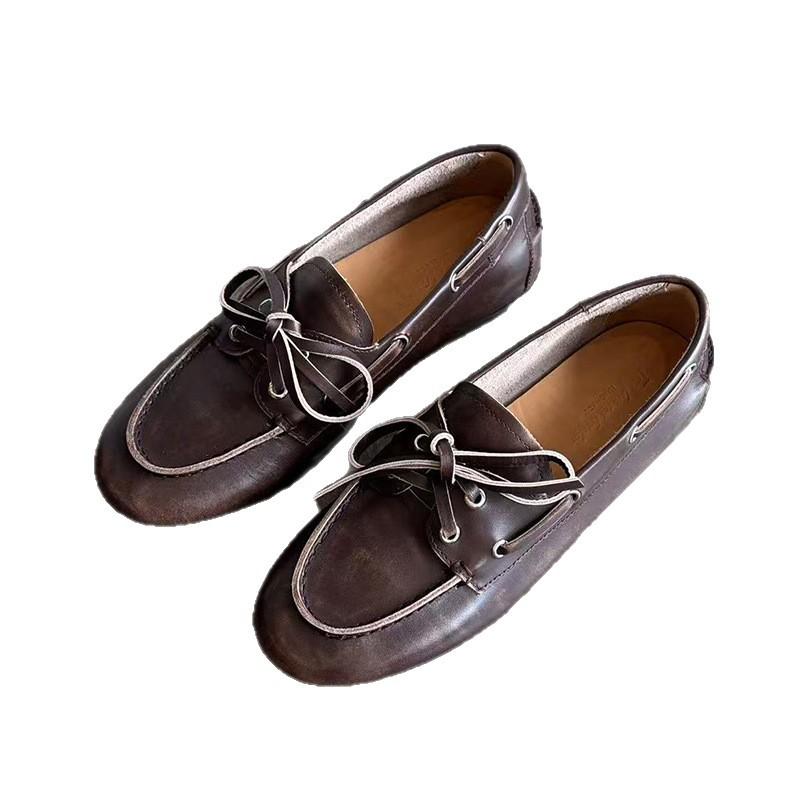 Sheepskin Version~ Niche Retro Polished Flat Bottom One-pedal Small Leather Shoes Round Head Leather Versatile British Style Single Shoes Women