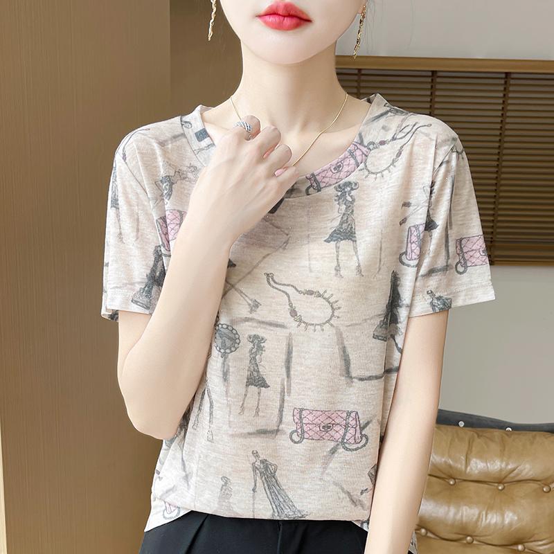 Spring and Summer Round Neck Knitted Short Sleeve T-shirt Women's Printed Loose Bottoming Top