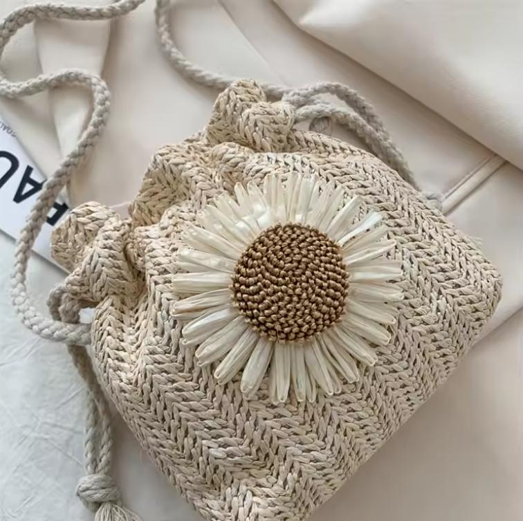 

Women s Bag Summer Beach Straw Bags Classic Texture Sunflower Drawstring Woven Bucket Crossbody Shoulder Messenger