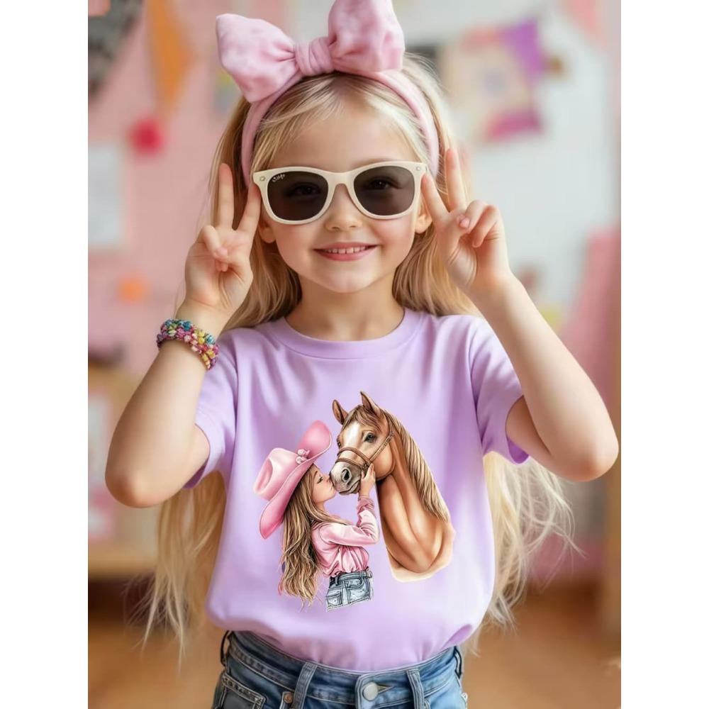 Girl Clothes Cow Girl Riding Horse 3D Print T-Shirt Western Festival Casual Top Summer Short Sleeve Outdoor Children's Clothing