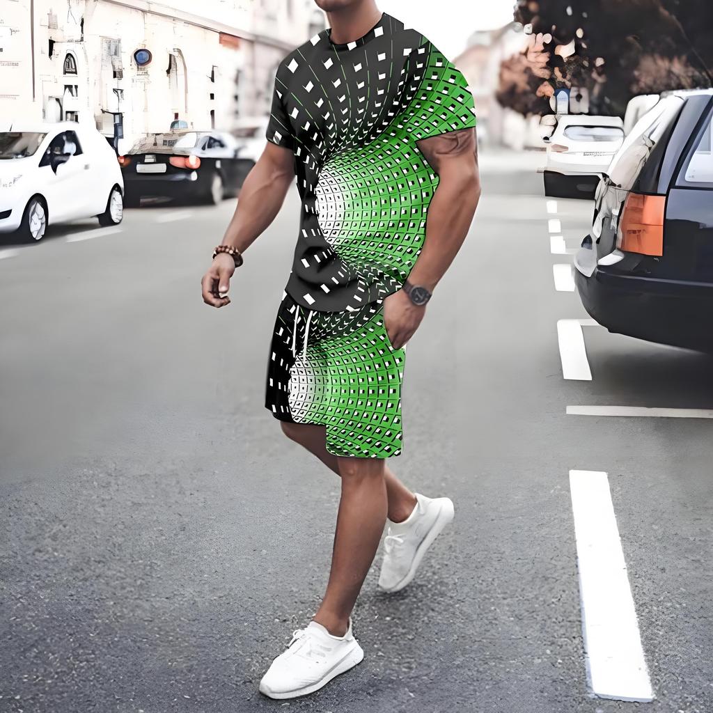 Irregular Graphic Print Short Sleeve Top Drawstring Shorts 2-piece Set 2026 Plus Size Loose Men's T-shirt Clothing Pocket Shorts