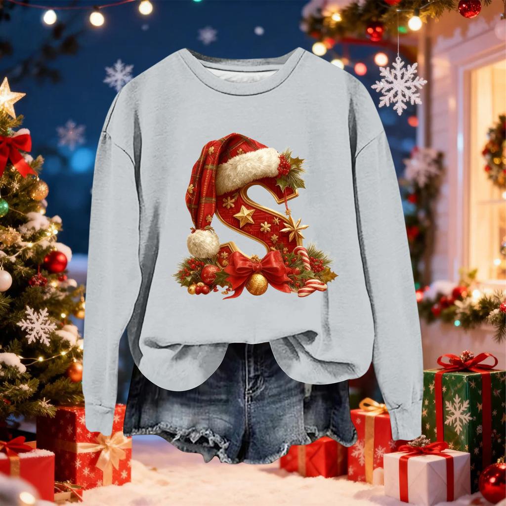 Women's Fashionable Casual Long-Sleeved Christmas Letter Print Crew-Neck Sweatshirt