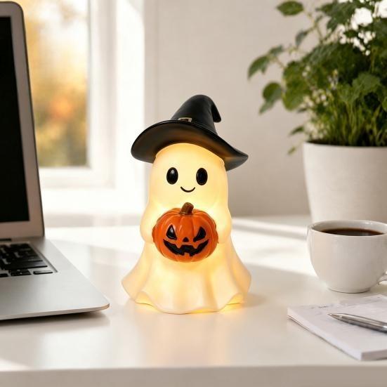 Safety flameless night lights Halloween ghost statues, cute resin holding pumpkins decorate holiday statues for tabletop interior home decoration