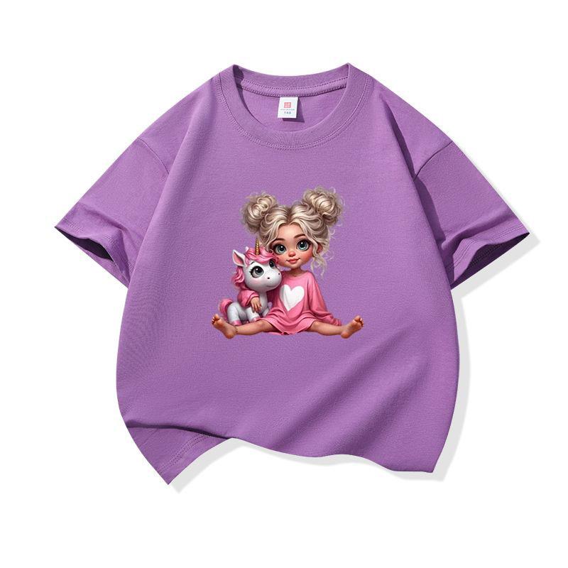 Kids Pure Cotton T Shirt Girl Sitting With Pink Unicorn Print Crew Neck Short Sleeve Tee Casual Boys Girls Summer Tops