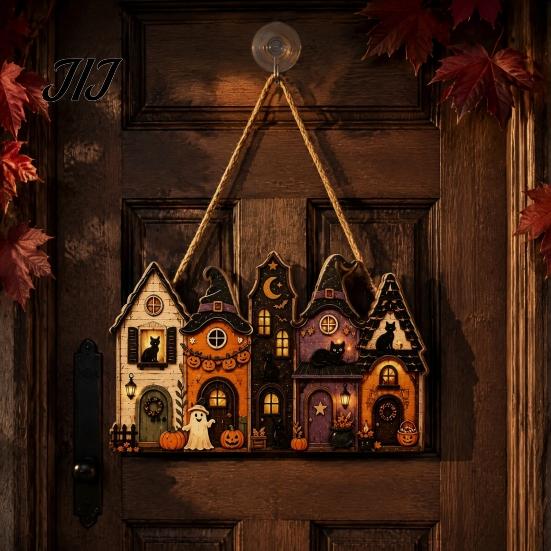Decorative Wooden Pendant for Party Halloween House Hanging with Hemp Rope Wall Door Haunted Decoration Decoration, Castle Ornaments Pumpkin