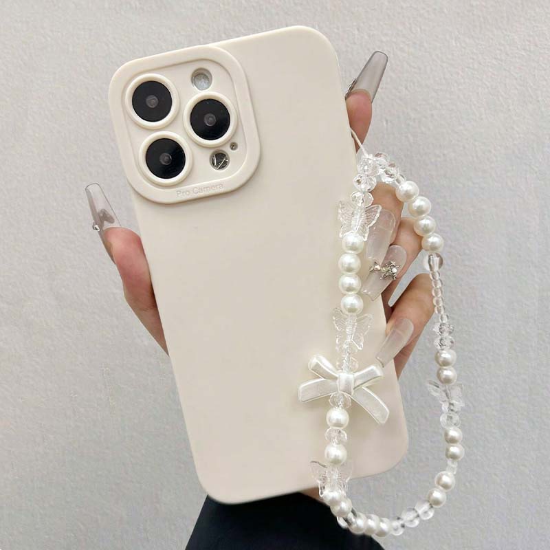 Korean White Pearl Bowknot Lanyard Phone Case For Samsung Galaxy S25 S24 S23 S22 S21 Ultra Plus FE A16 A06 A26 A32 A56 A54 Cover