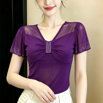 New 2026 Summer V-Neck Short Sleeved Women's T-Shirt Fashion Sexy Hot Diamonds Mesh Tees Streetwear Girl Slim Tops Blouse