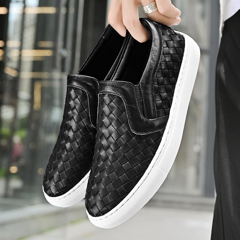 Genuine Leather Black Men Casual Shoes Luxury Brand 2024 Mens Weave Loafers Moccasins Breathable Slip On Lazy Driving Shoes