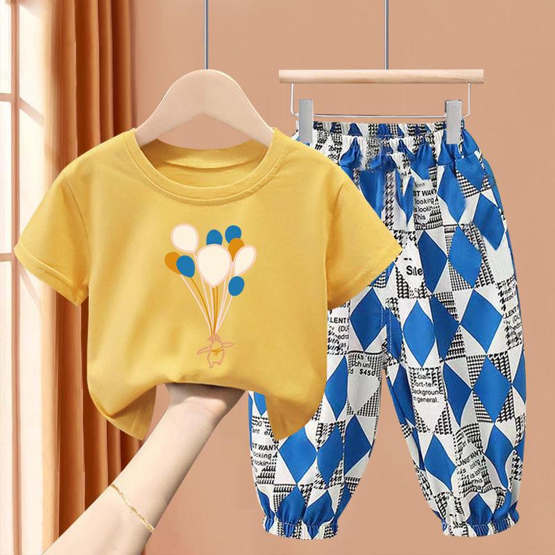 New Boys' Short Sleeve Set Medium and Small Girls' T-shirt Two Piece Set