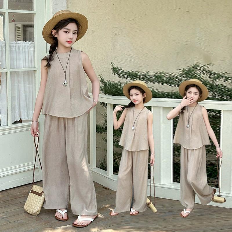 5-14 Years Girls' Summer Outfit Fashion Sleeveless Top and Wide Leg Pants Thin 2-Piece Casual Cool Kids Set