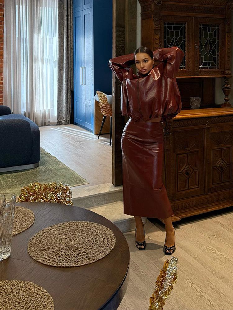 Ensemble Veste Col Montant en Cuir PU et Jupe Mi-longue pour Femmes Automne/Hiver 2025 - Bestseller Couleur Unie