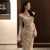Elegant Strapless Lace Fishtail Evening Gown with Waist-Slimming Design