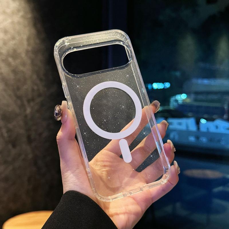 Glitter Clear Wireless Charge Magnetic Case For Google Pixel 9 Pro XL 8 Pro 8A TPU Soft Edge Shockproof Transparent PC Phone Cover