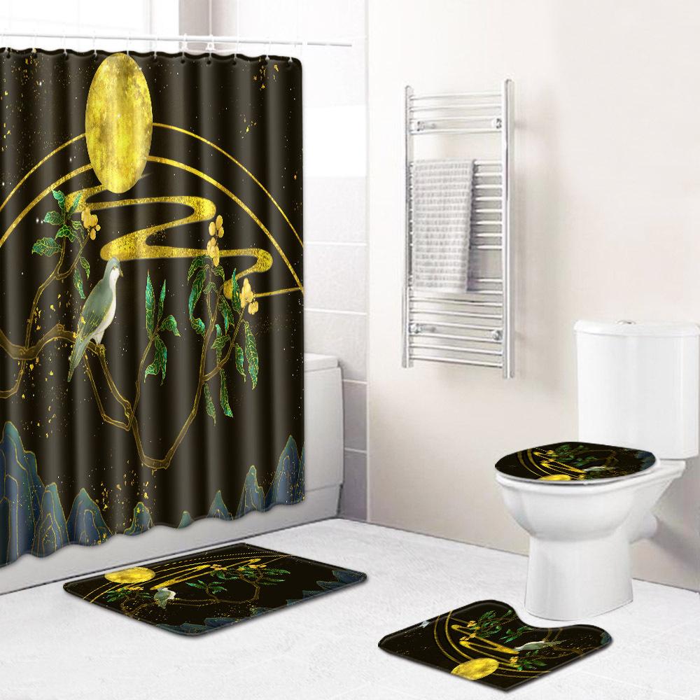 Chinese Antique Bronzing Night Flower Bathroom Floor Mat Shower Curtain Combination Floor Mat Support