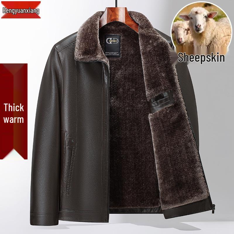 Men's Genuine Sheepskin Leather Jacket - Warm, Thickened, Stylish Outerwear for Middle-Aged and Elderly Men