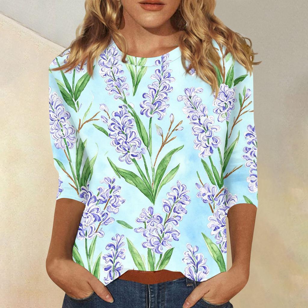 Damen Lässige Blumenprint Rundhals Dreiviertelarm Bluse Leichter Weicher Stoff Bequeme Passform Stilvolles Oberteil für den täglichen Gebrauch