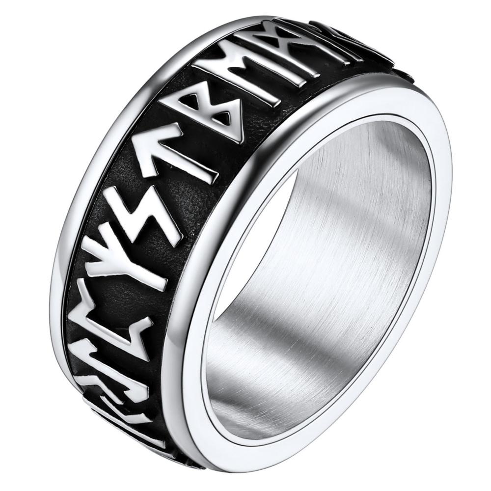 U7 Stainless Steel Norse Runes Spinner Ring for Man Black Gold Color Rotatable Band Fidget Anxiety Release Unisex Jewelry