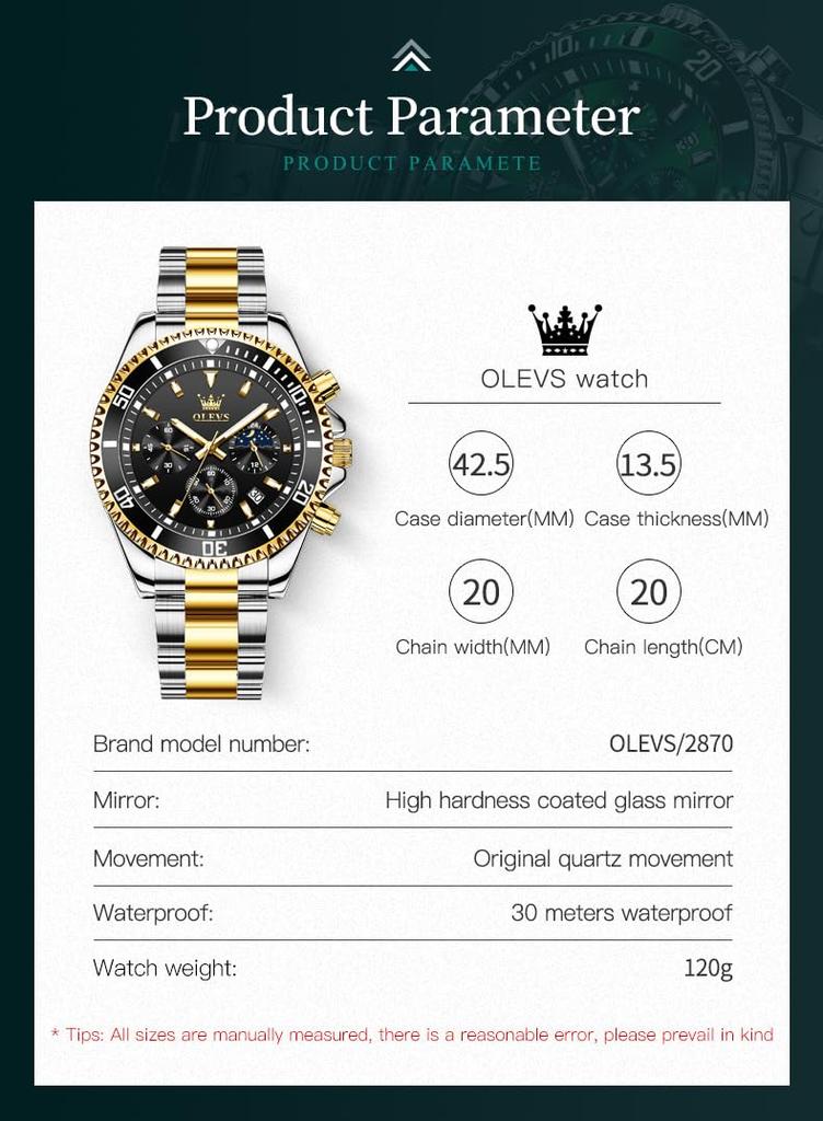 OLEVS Stylish and Popular Quartz Analog Watch with Metal Casual Black Large Date Stylish Business Watch for Perfect for College Students and