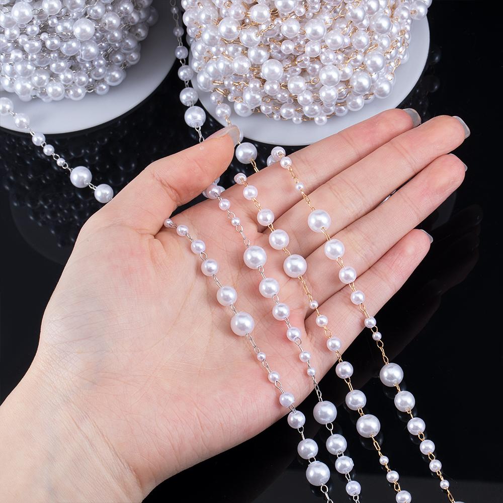 50CM 1M Plastic Imitation Pearl Ball Beaded Chain 3-8mm Multisize Beads Copper Chains Necklace Earring Cloth DIY Jewelry Making